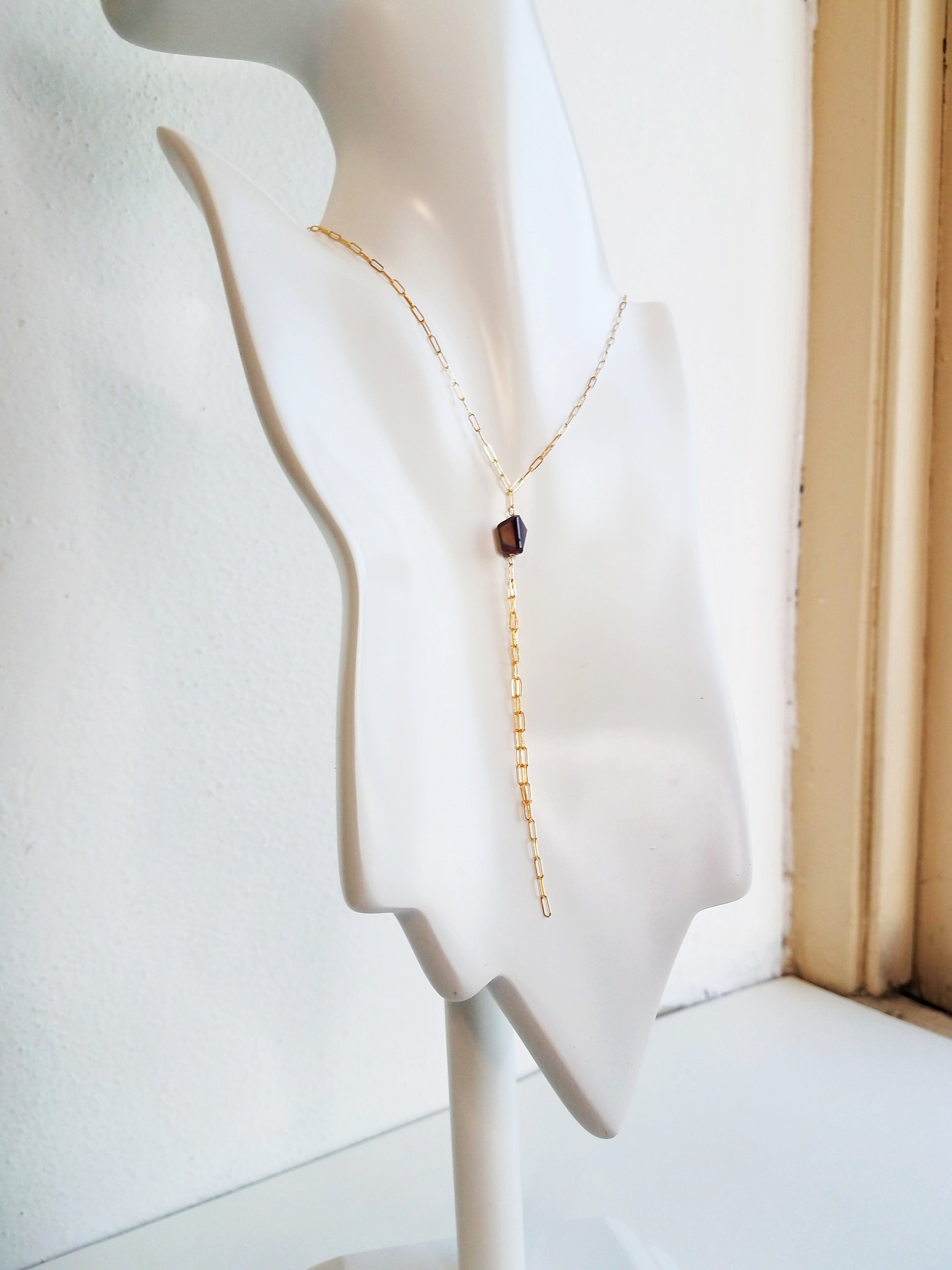Garnet lariat necklace, gold filled, Jewelry designed by Billie Lorraine 