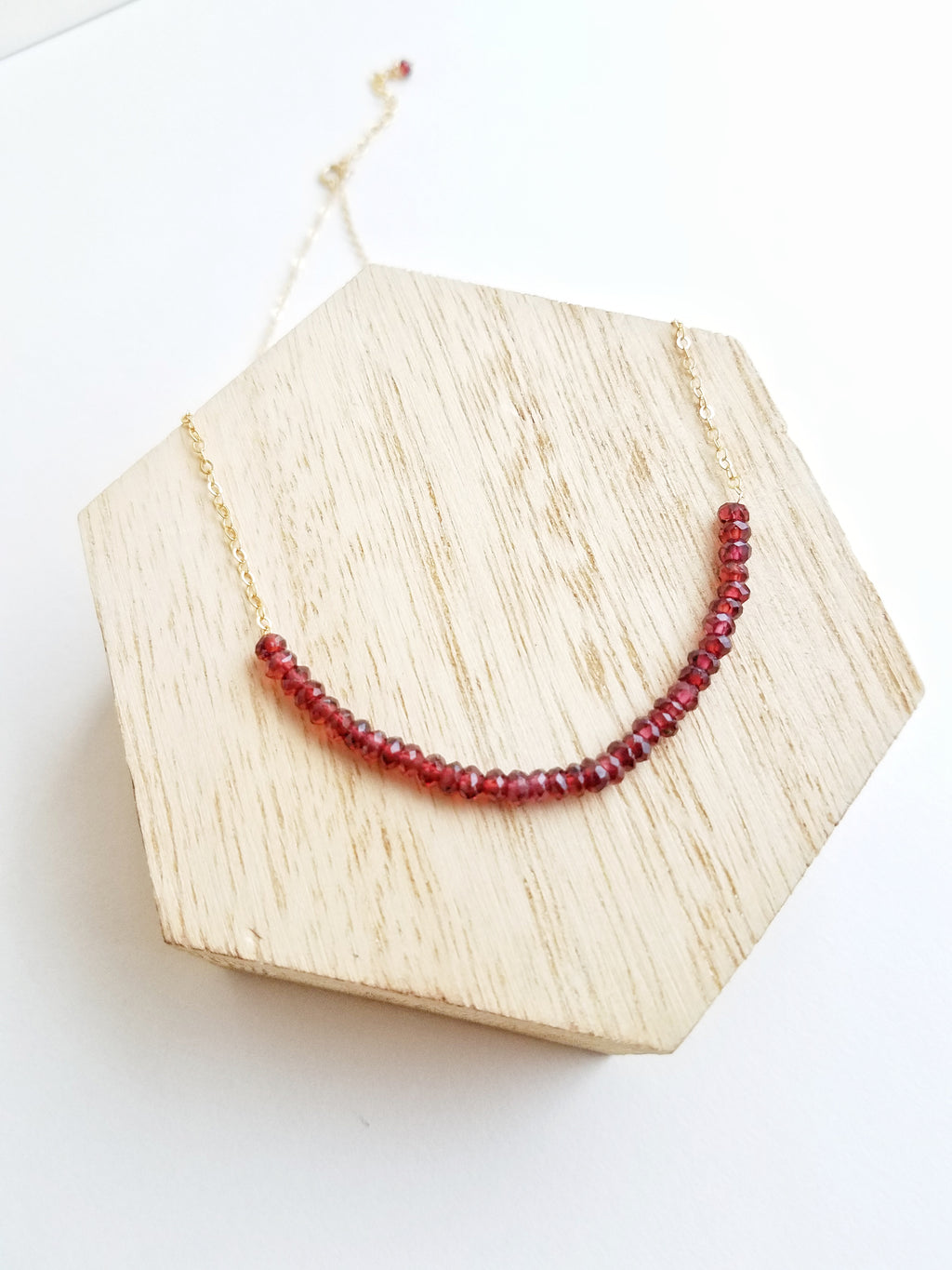 Garnet necklace, collar length, gold filled chain, faceted roundels, handcrafted, designed by Billie Lorraine  