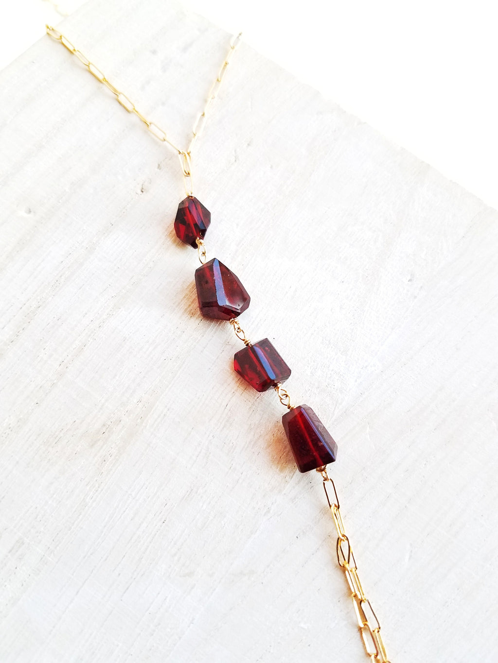 Garnet lariat necklace, gold filled, rectangle shape specialty chain